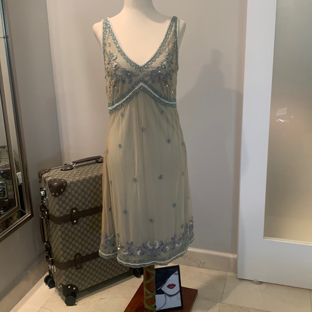 MARINA Beige and Blue Embellished Midi Dress